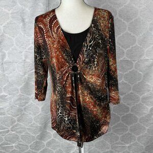 Brittany Black 2X Embellished Animal Print Ring Front Top